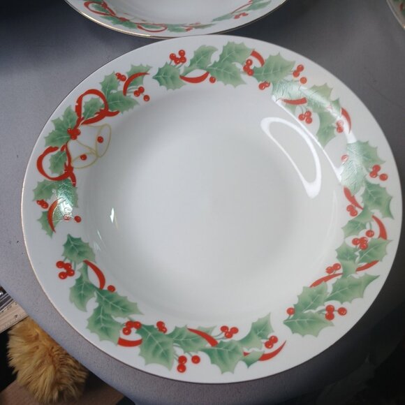 Sango NOEL 7 Rimmed 7 3/4" Soup Cereal Bowls Vintage Holly Bells Christmas 1990 - Picture 6 of 13